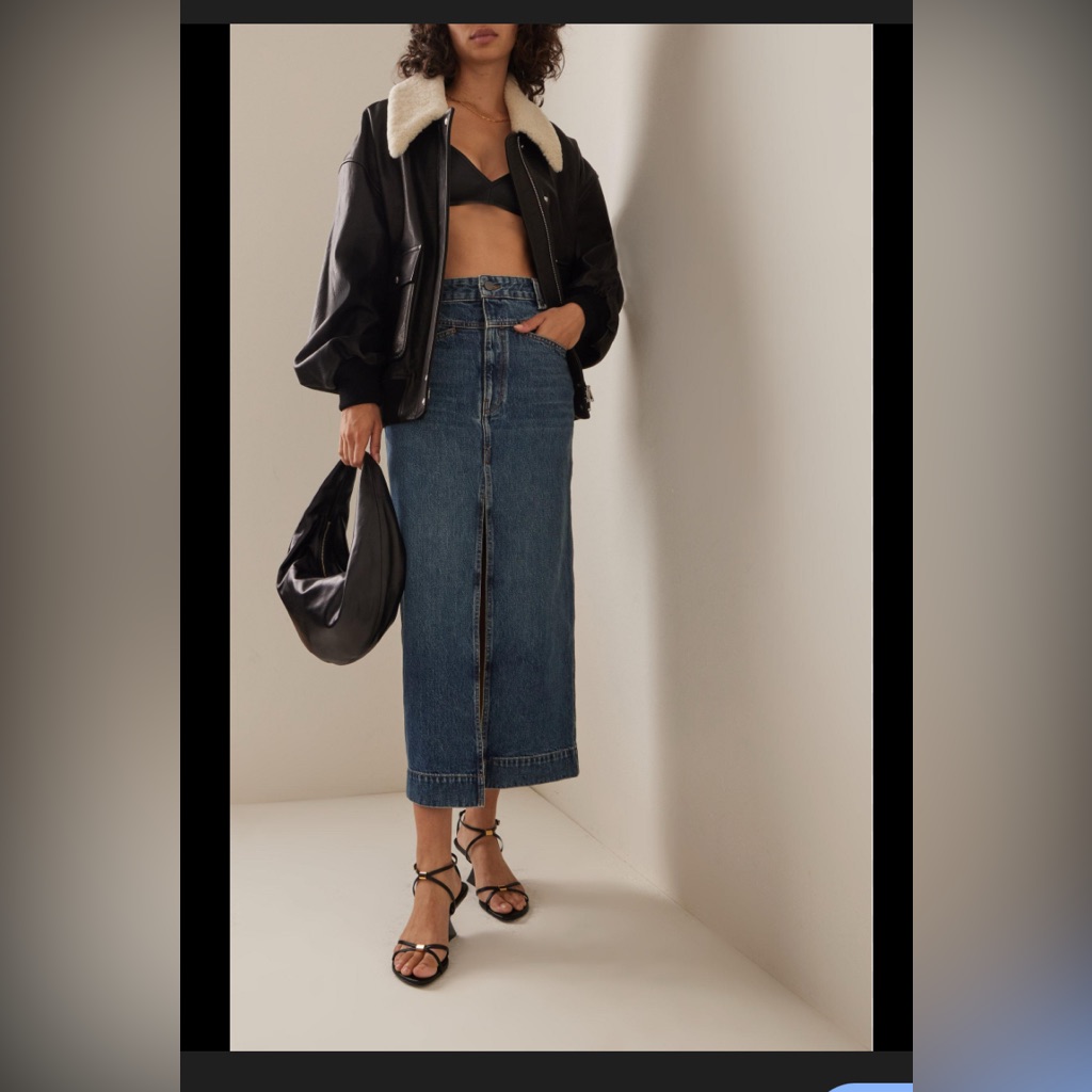 Khaite Neer Denim Midi Skirt Size 26 Front Slit High Rise Designer Midi